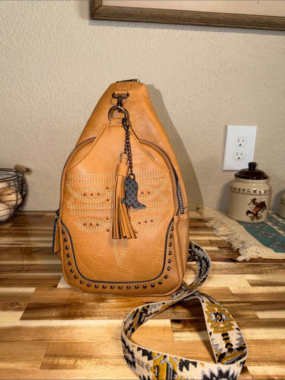Tan Leatherette Crossbody Sling Bag with Tassel Accent